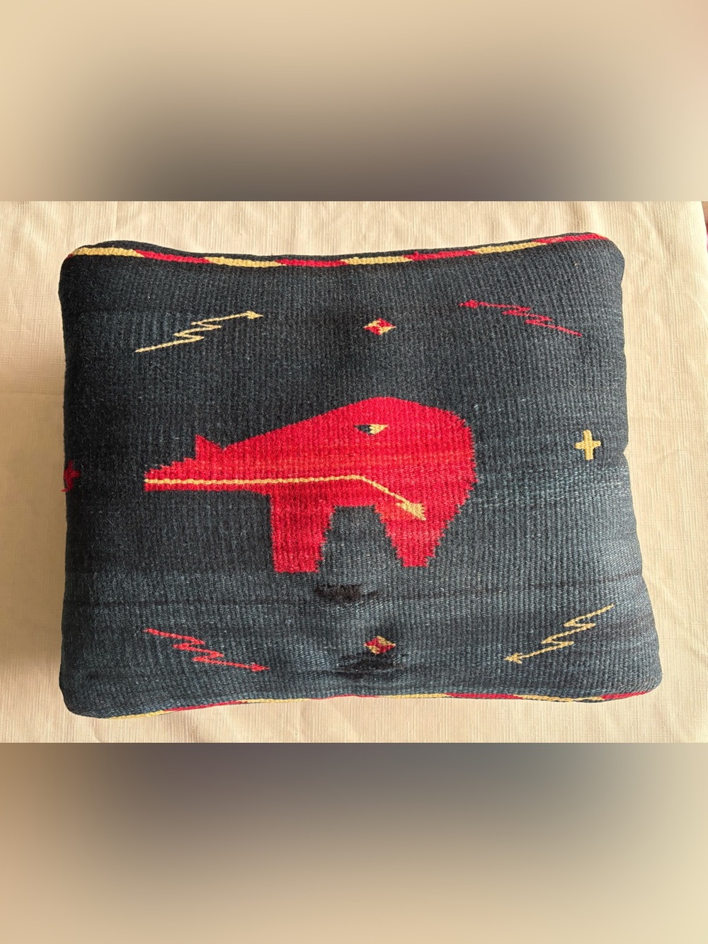 Vintage Zapotec Southwestern Hand Woven Wool Accent Pillow w/Fetish Bear Design